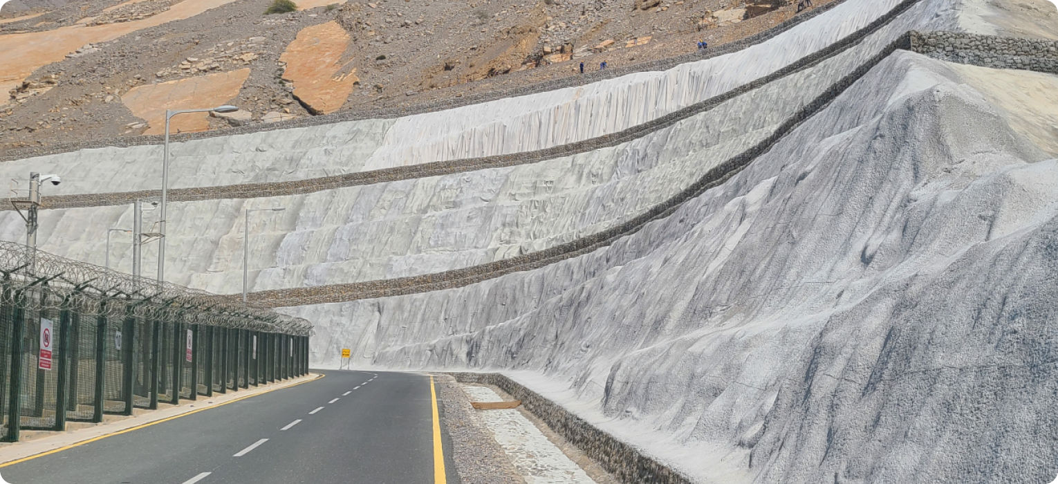 Slope Stabilization and Erosion Control at Musandam Gas Plant using ConstruckSlope Systems over an area of 45,500 m²